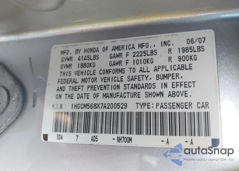 2007 Honda Accord 2.4 Ex z USA, uszkodzony, nr VIN 1HGCM568X7A200529